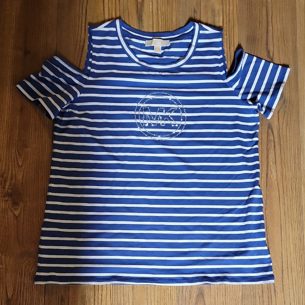 MICHAEL Michael Kors Blue and White Striped Cold Shoulder Top